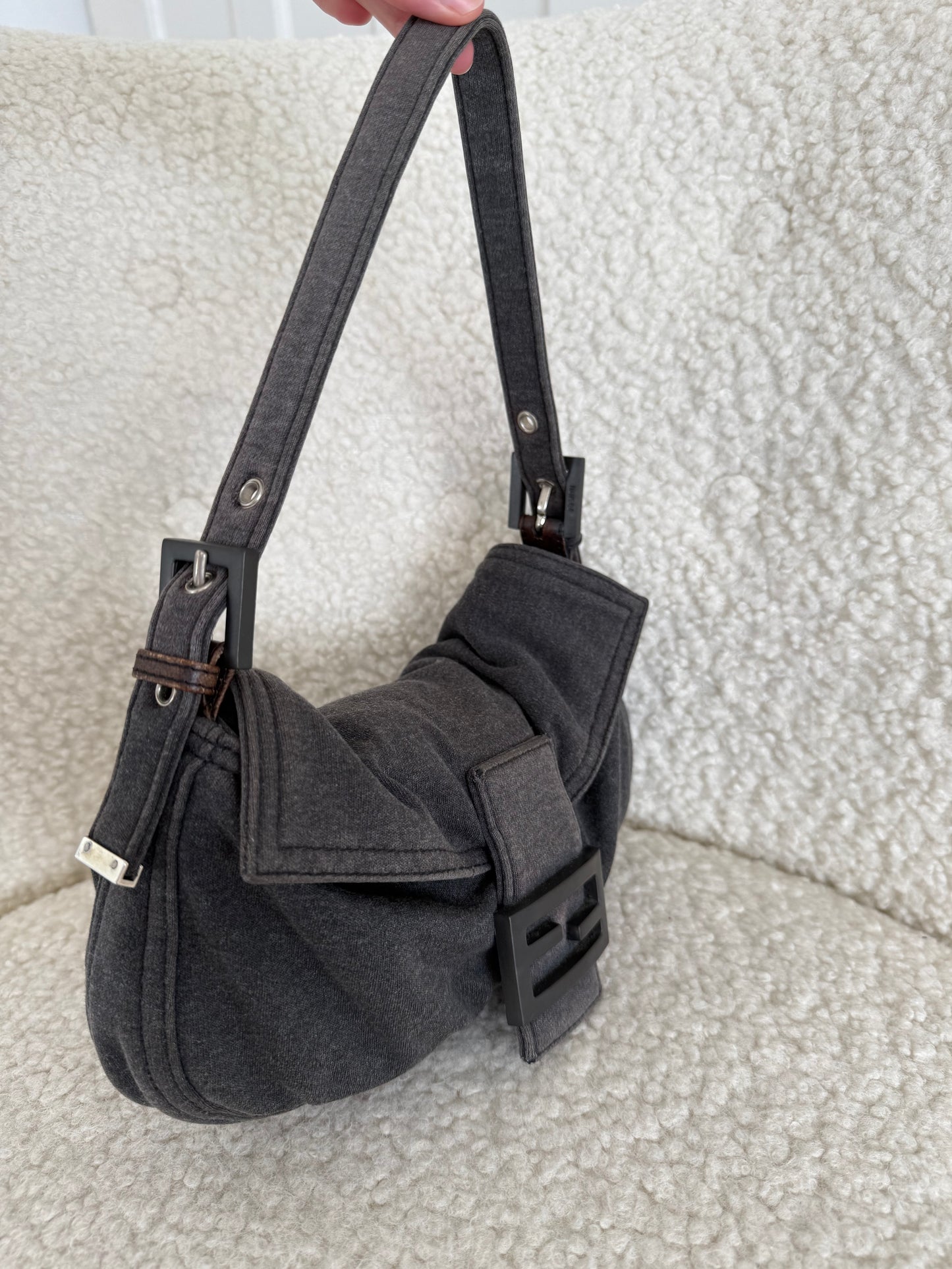 Fendi Grey Fabric Baguette Shoulder Bag