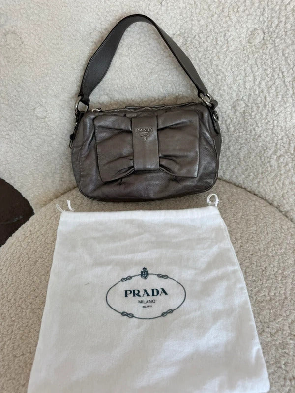 prada metallic grey leather bow shoulder bag