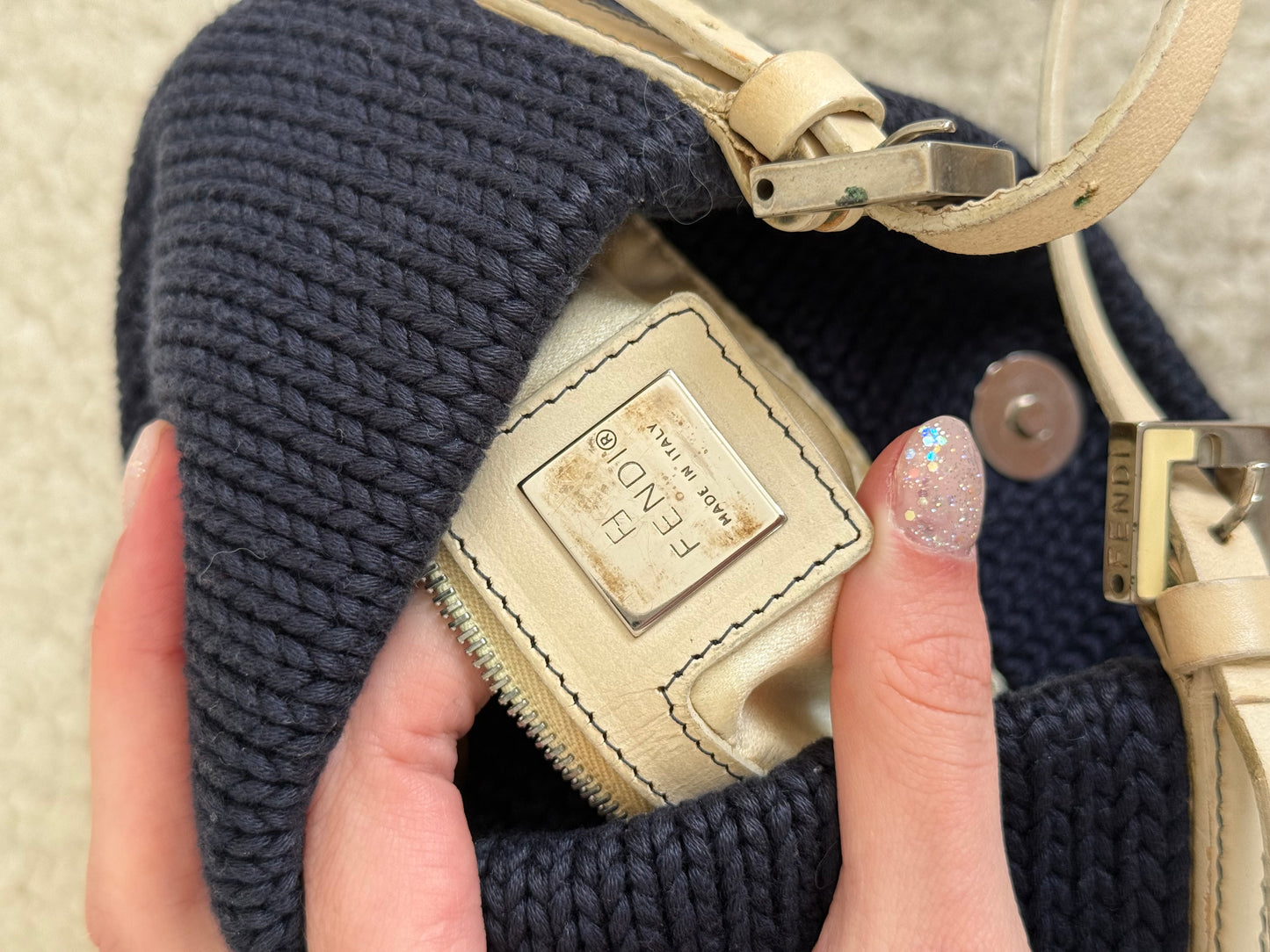 Fendi Zucca Logo Knit Shoulder Bag Navy