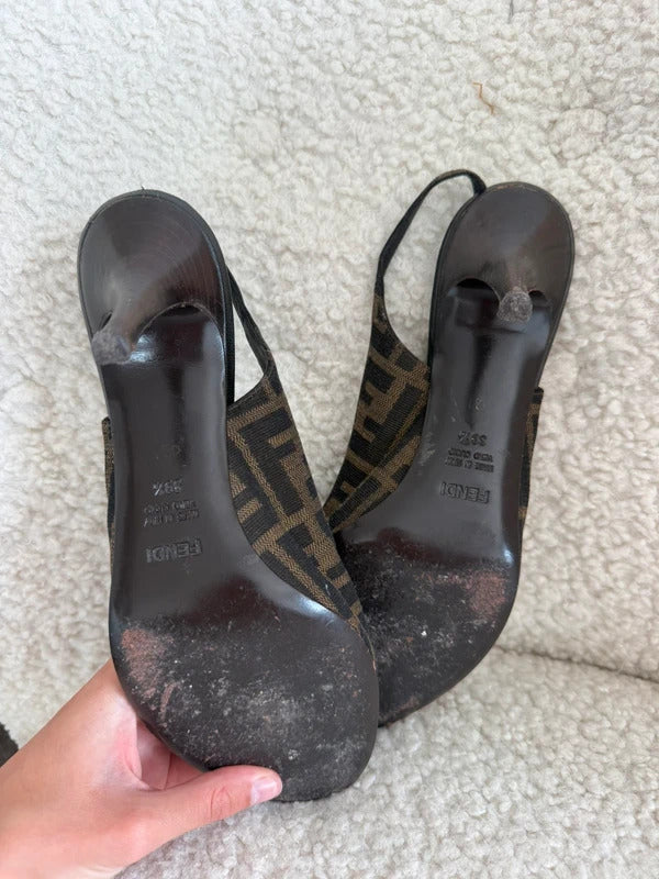 Fendi Zucca Canvas Logo Plaque Peep Toe Slingback Heels