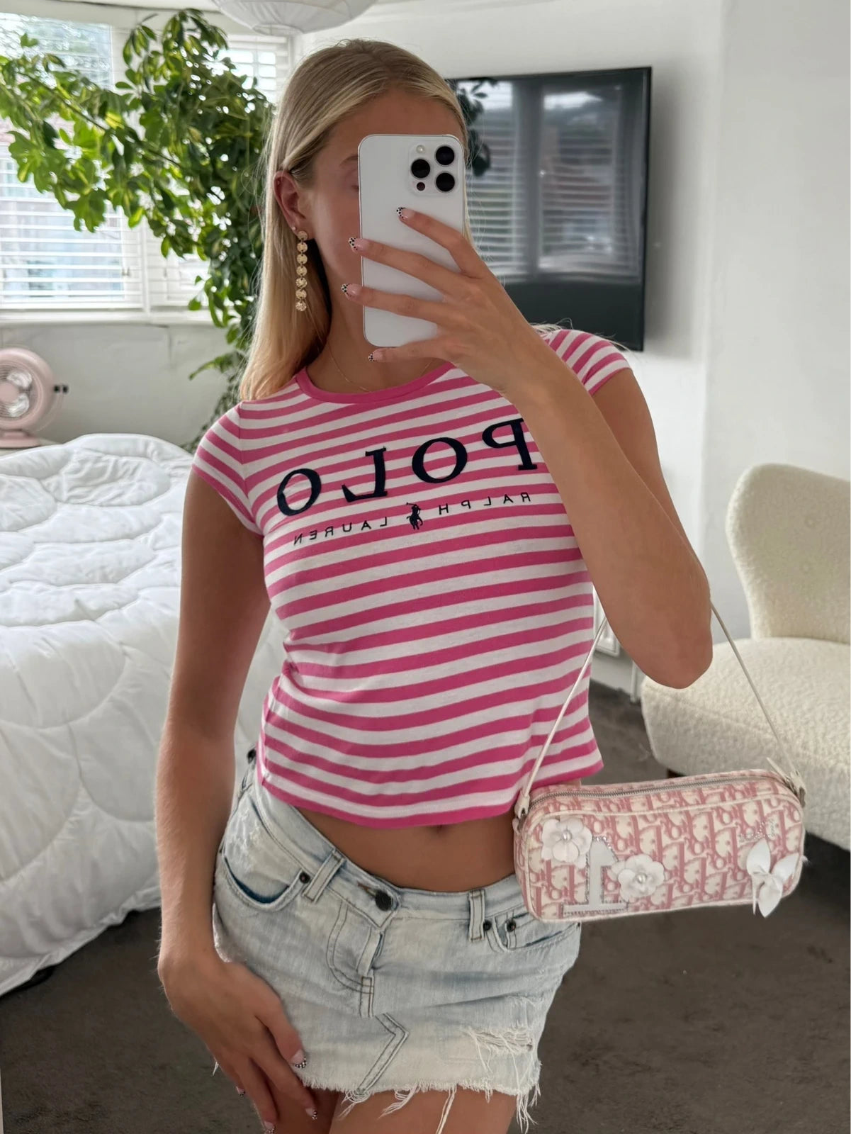 Ralph Lauren pink and white POLO striped baby tee