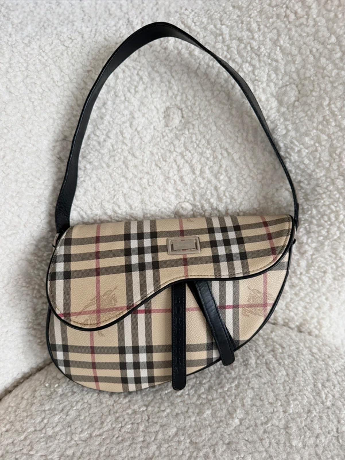 Burberry Nova Check Saddle Bag Black Leather Trim