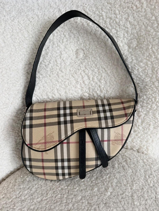 Burberry Nova Check Saddle Bag Black Leather Trim