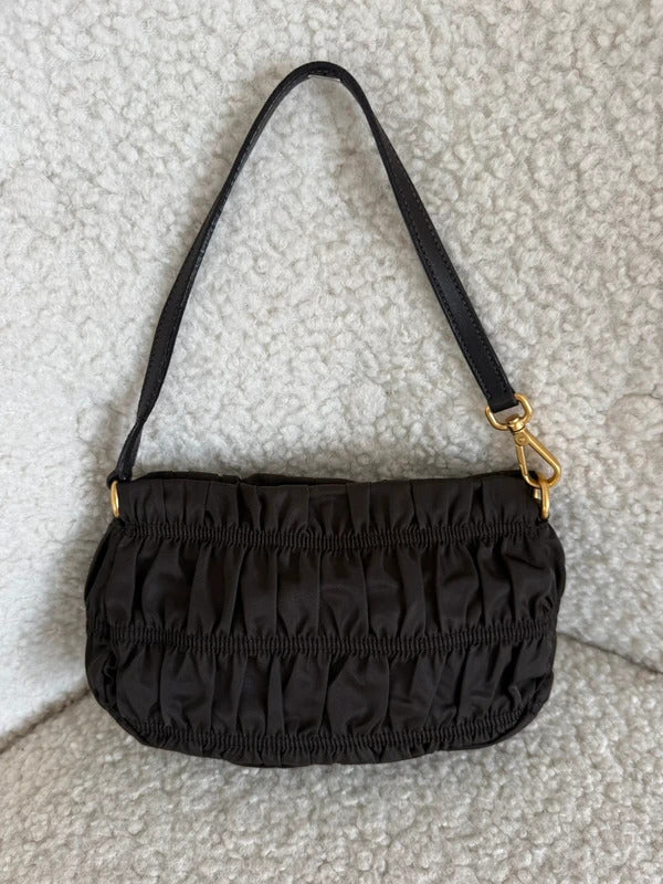 prada tessuto gaufré ruched nylon shoulder bag black