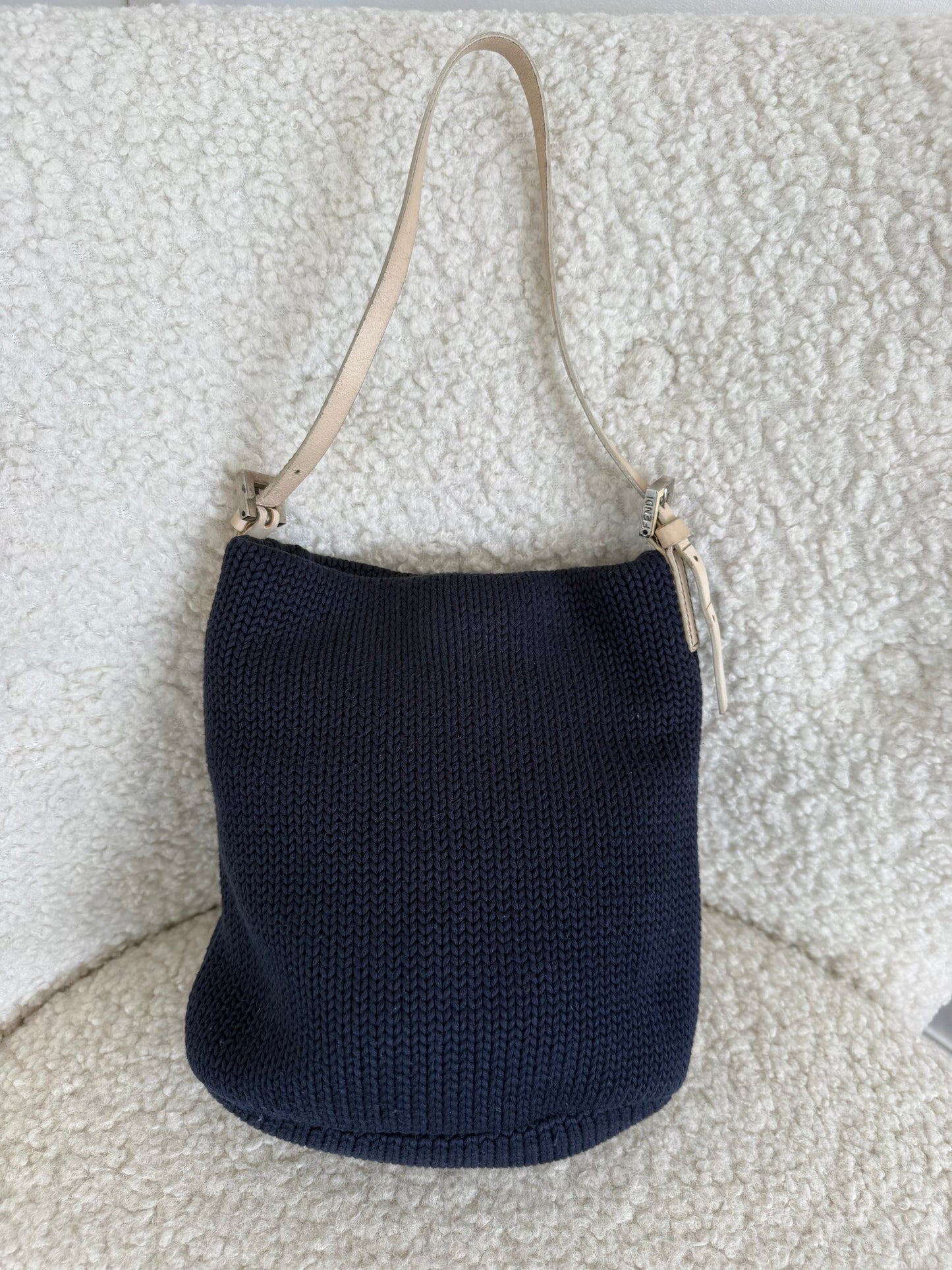 Fendi Zucca Logo Knit Shoulder Bag Navy