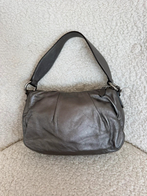 prada metallic grey leather bow shoulder bag