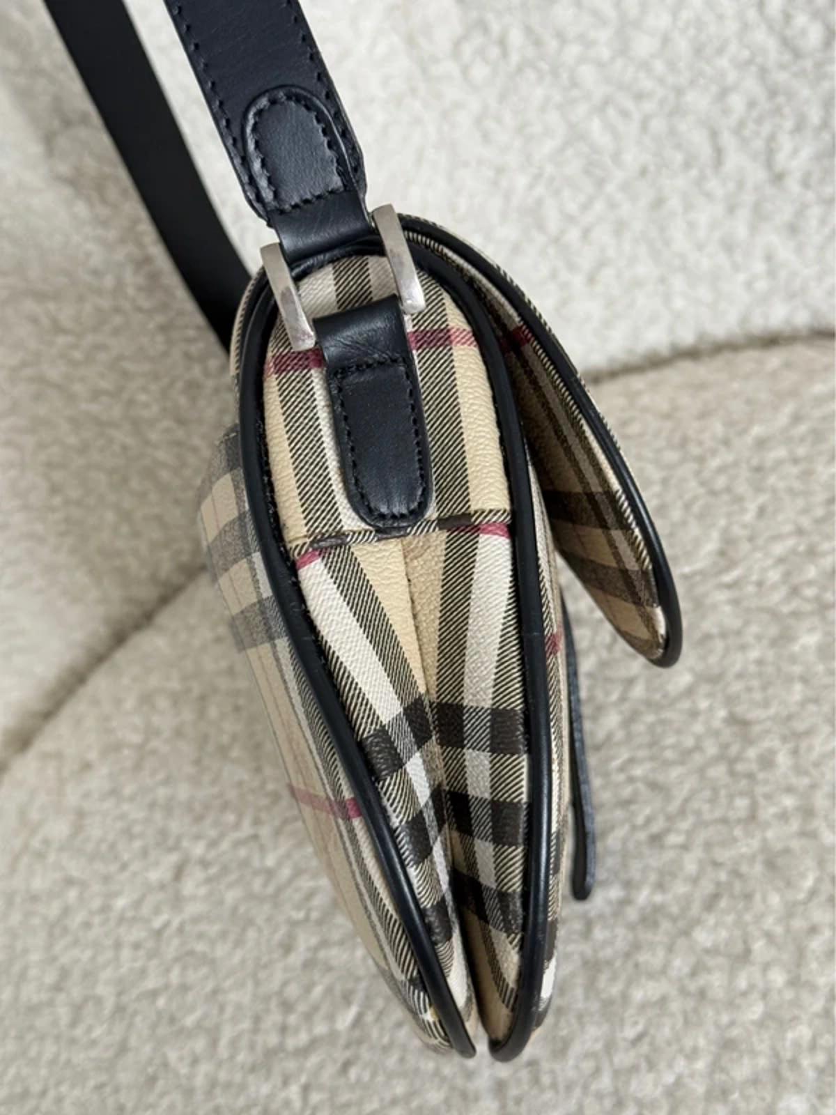 Burberry Nova Check Saddle Bag Black Leather Trim