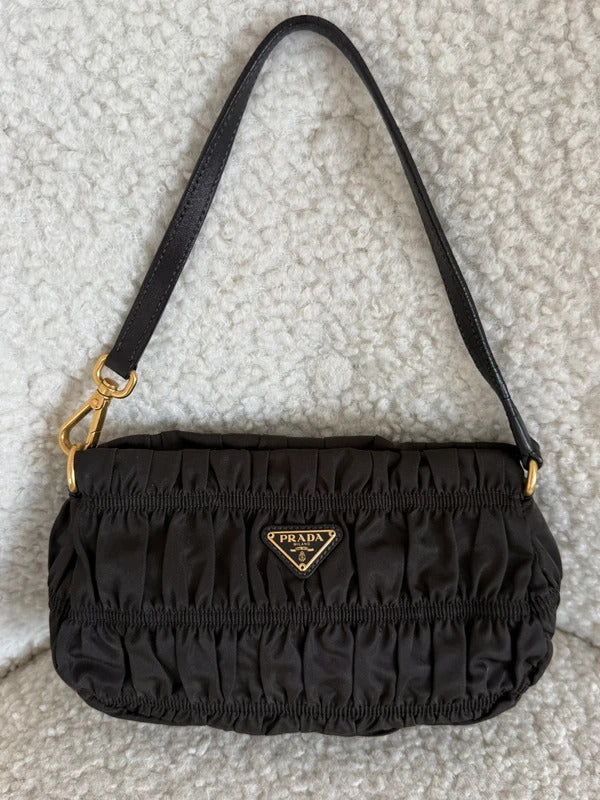 prada tessuto gaufré ruched nylon shoulder bag black