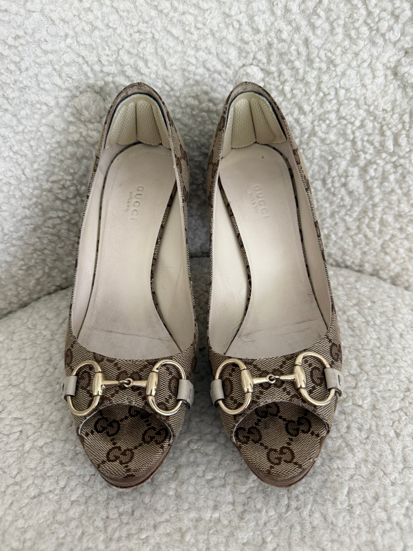 Gucci GG Canvas Horsebit Block Heel Pumps - size 6