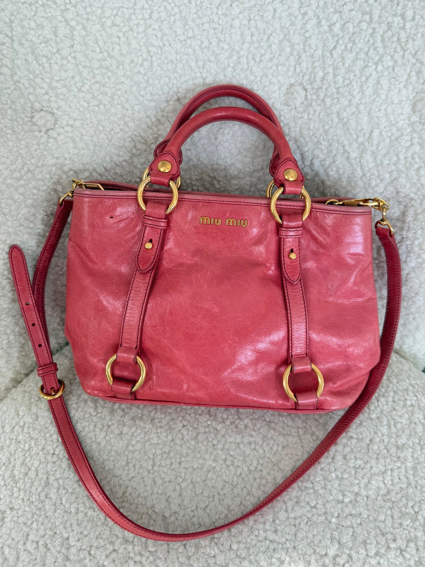 Miu Miu Bow Vitello Coral Shine Cammeo Pink Bag