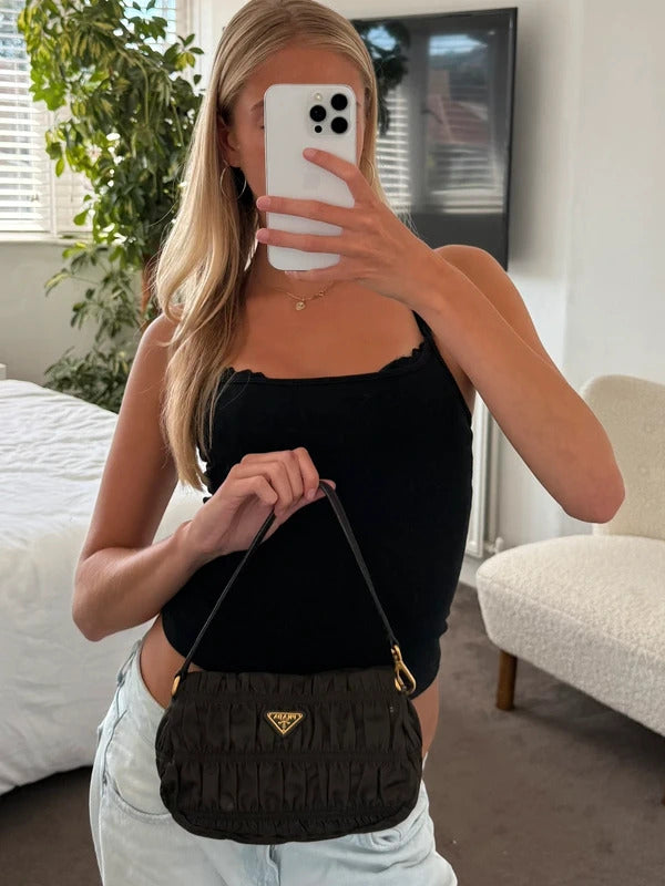 prada tessuto gaufré ruched nylon shoulder bag black