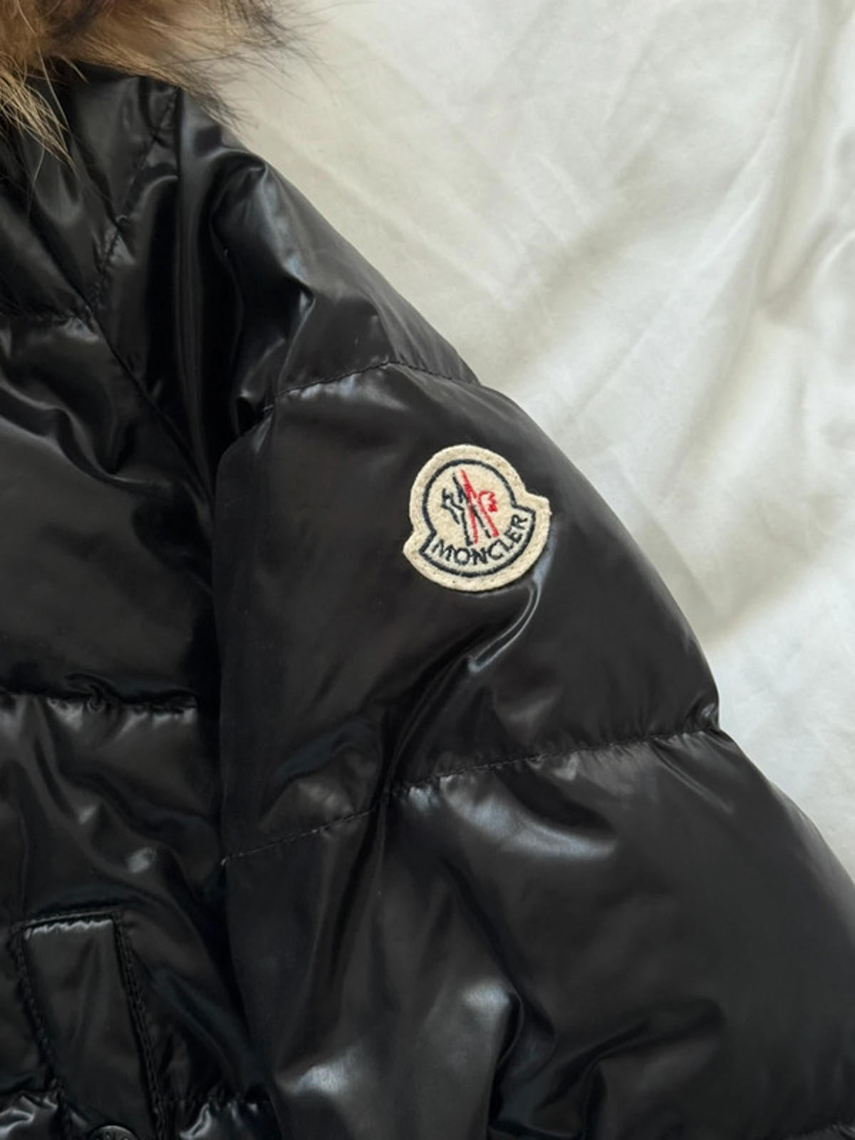 Moncler Maya Shiny Black Fur Hood Puffer Jacket
