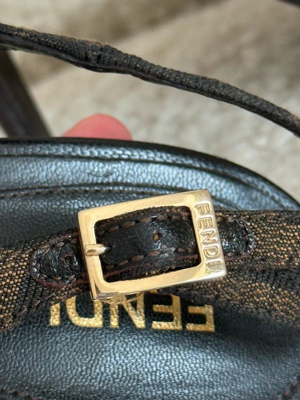 Fendi Zucca Canvas Logo Plaque Peep Toe Slingback Heels