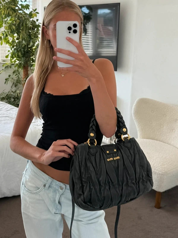 miu miu black matelassé leather coffer bag