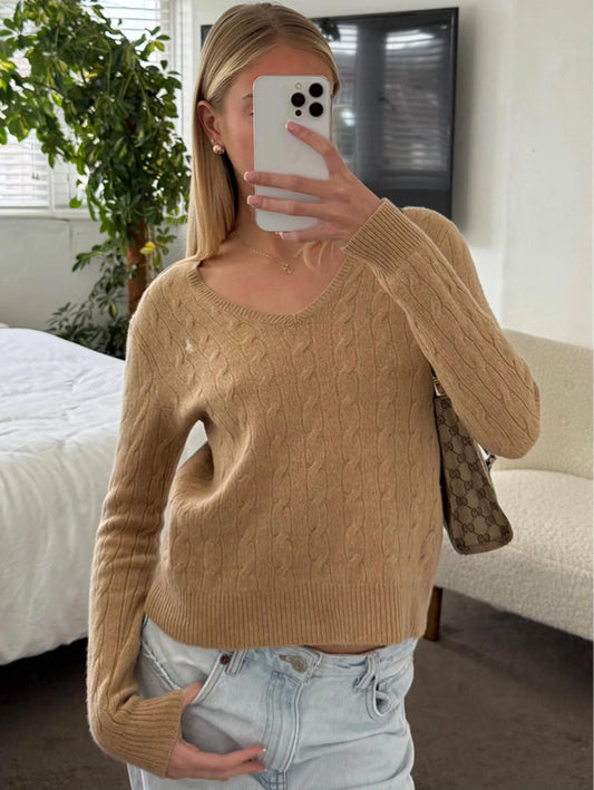 Ralph Lauren Cable Knit Wool V-Neck Jumper Camel
