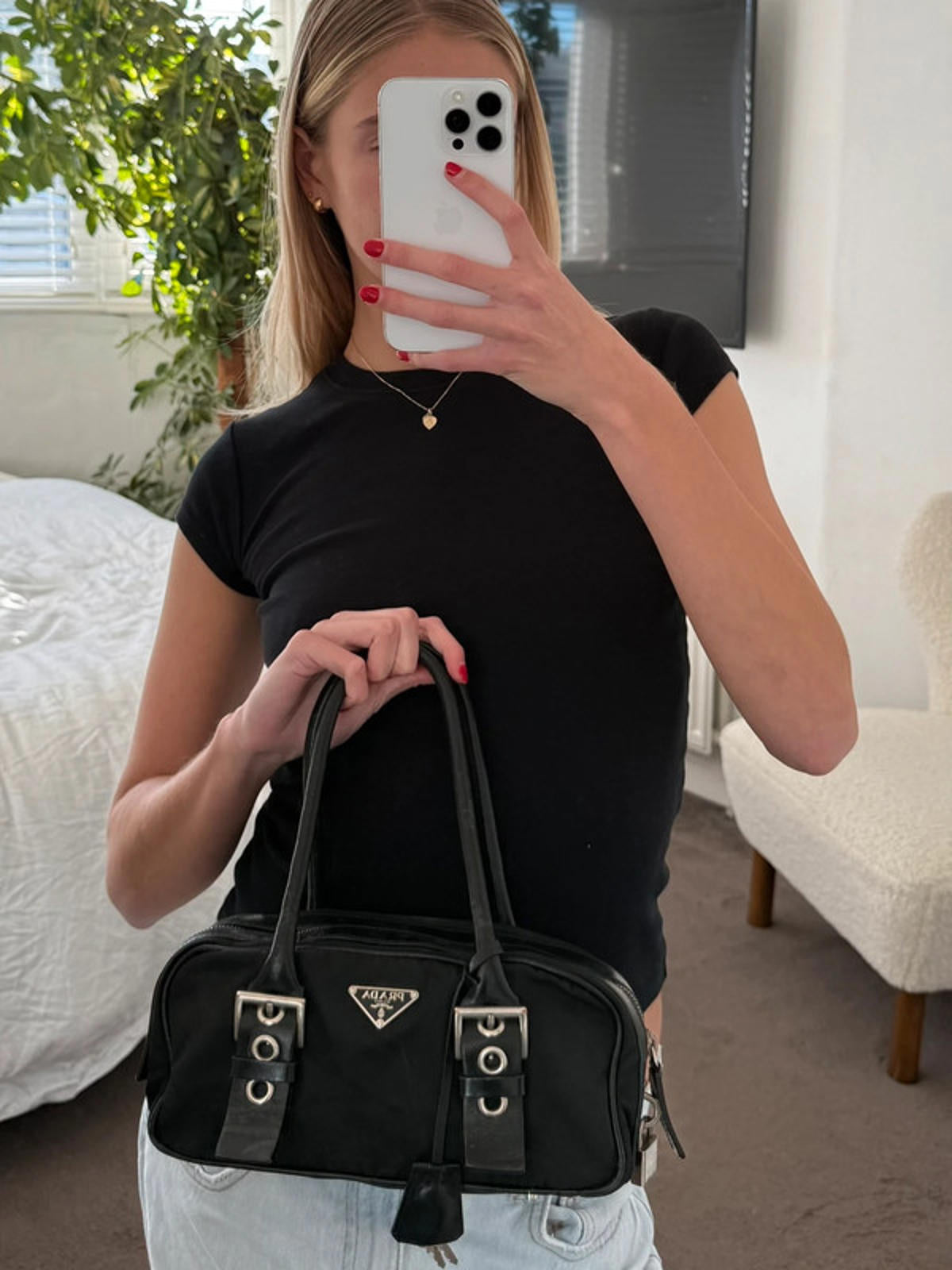 Prada Black Tessuto Nylon Buckle Handbag with Padlock