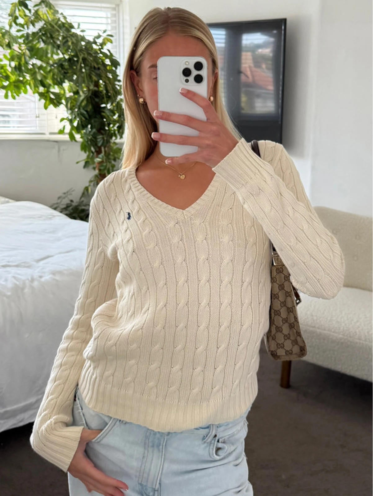 Ralph Lauren Cream Cable Knit V Neck Jumper