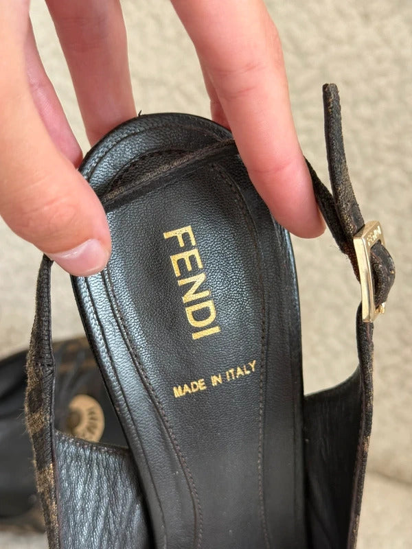 Fendi Zucca Canvas Logo Plaque Peep Toe Slingback Heels