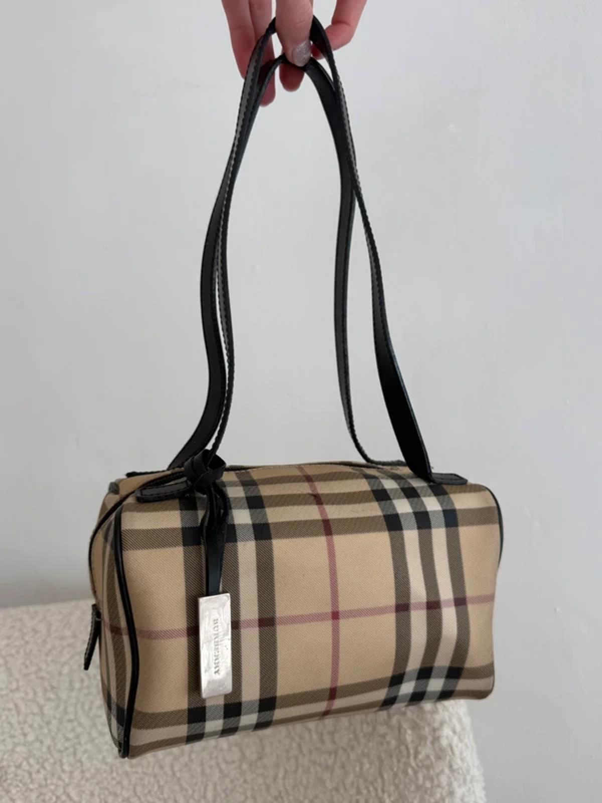 Burberry Nova Check Mini Barrel Shoulder Bag Black Leather Trim
