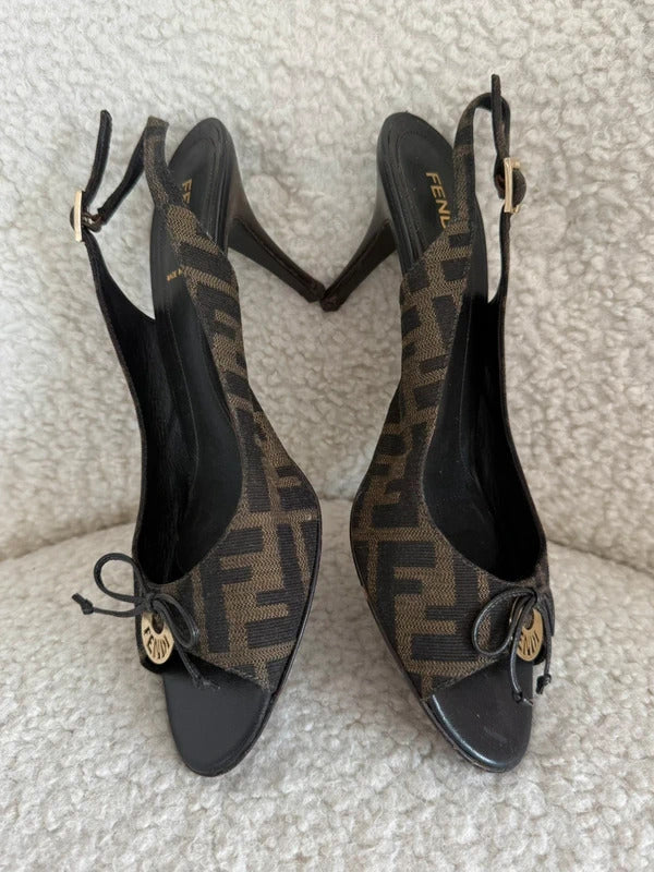 Fendi Zucca Canvas Logo Plaque Peep Toe Slingback Heels