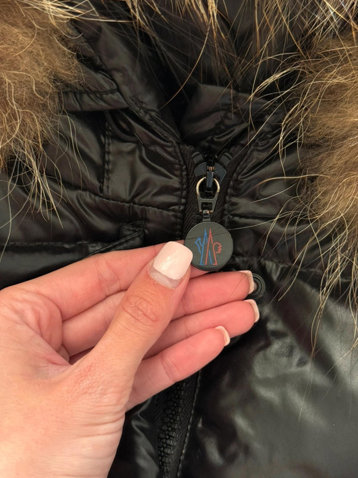 Moncler Maya Shiny Black Fur Hood Puffer Jacket