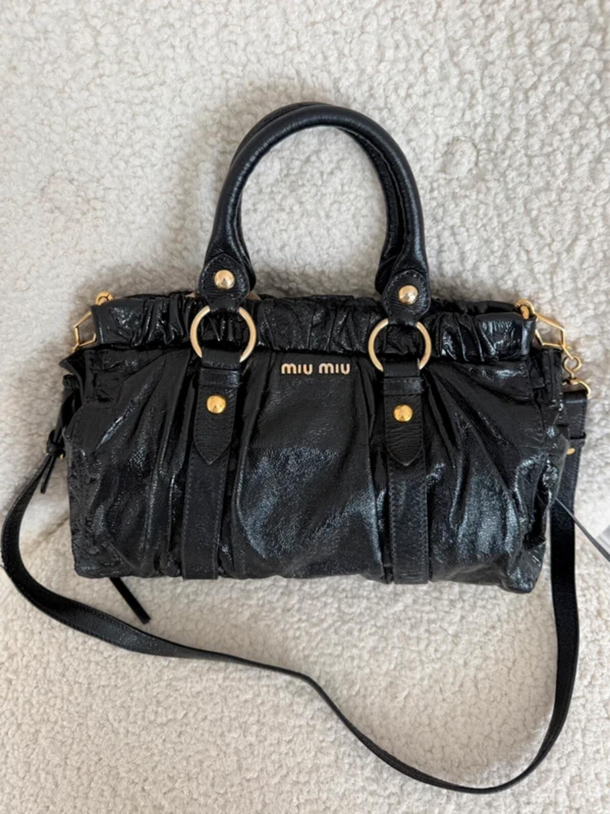 Miu Miu Black Vitello Lux Glazed Leather Ruched Bow Bag
