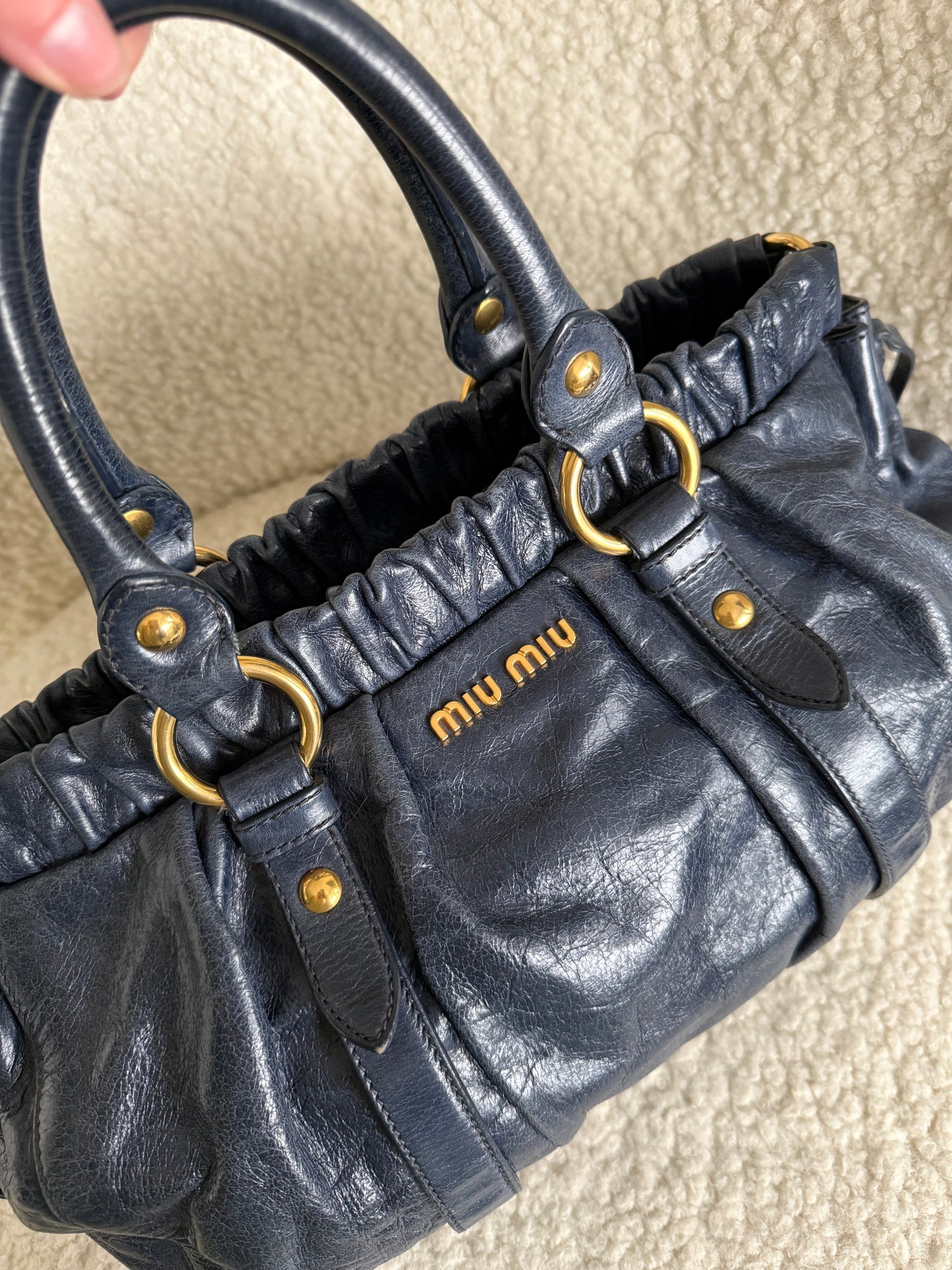 Miu Miu Blue Vitello Shine Satchel hand bag