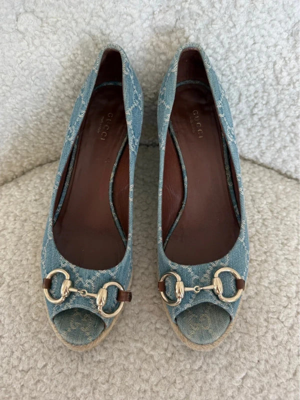 gucci charlotte denim horsebit wedge espadrilles