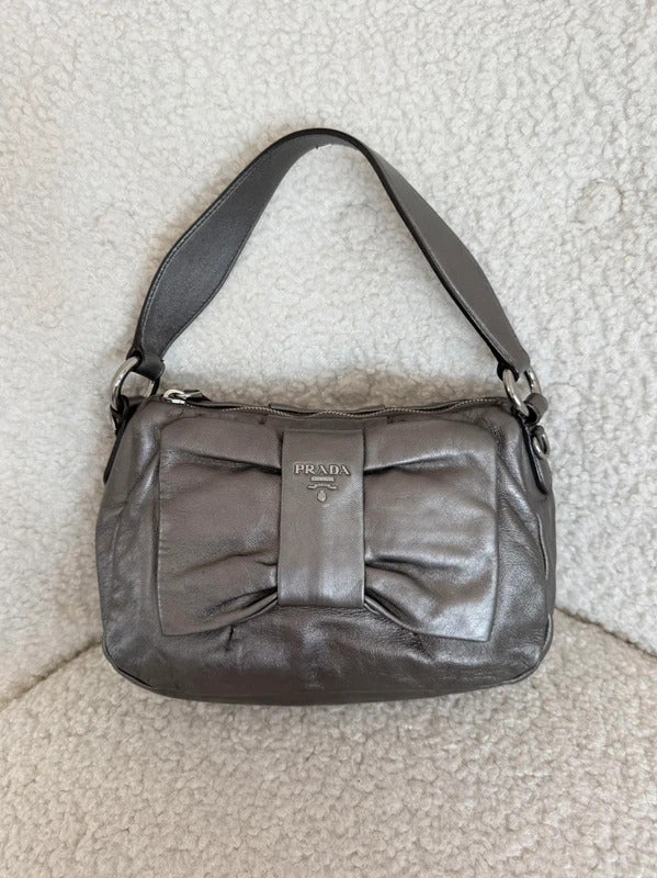 prada metallic grey leather bow shoulder bag