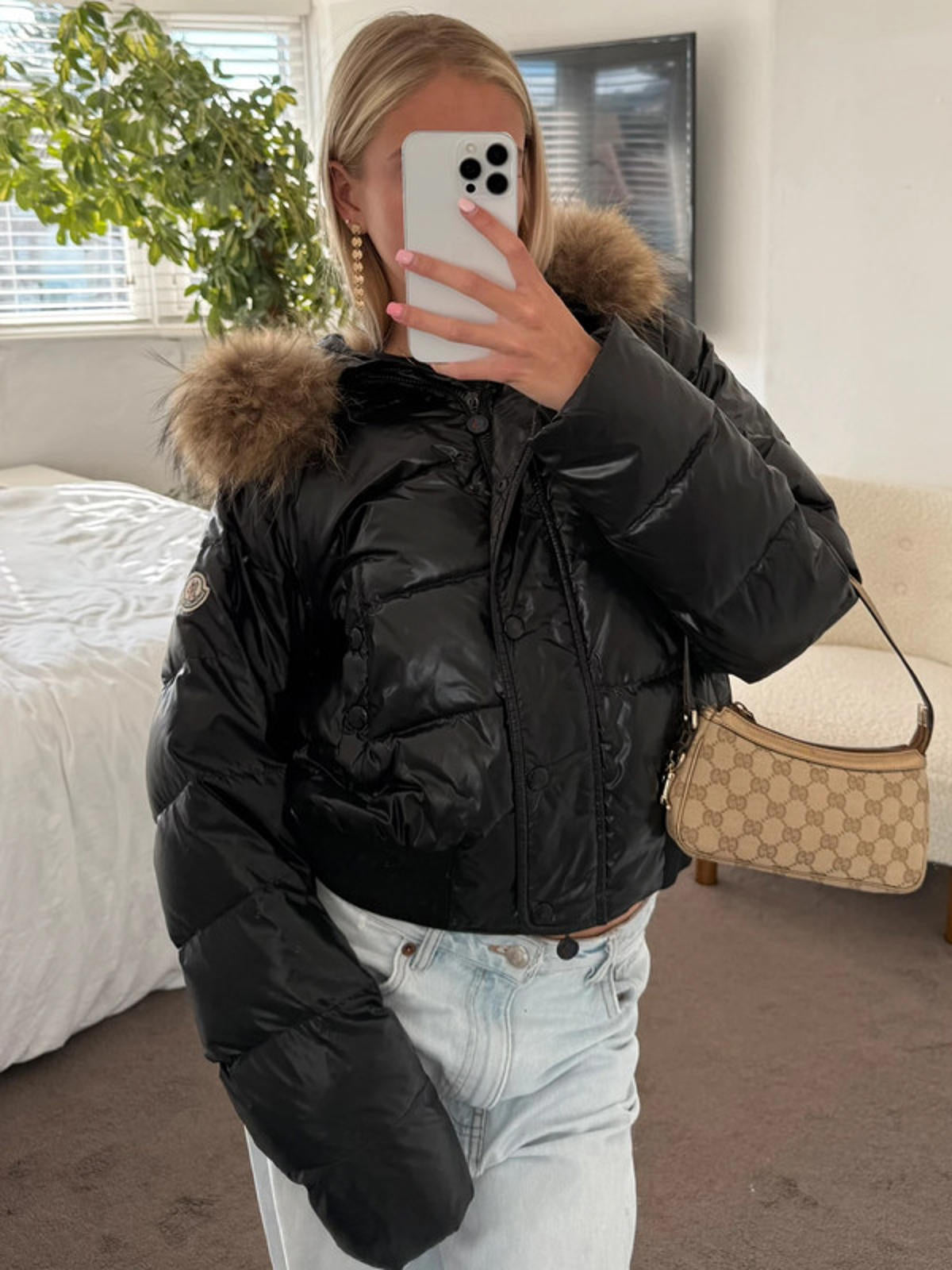 Moncler Maya Shiny Black Fur Hood Puffer Jacket