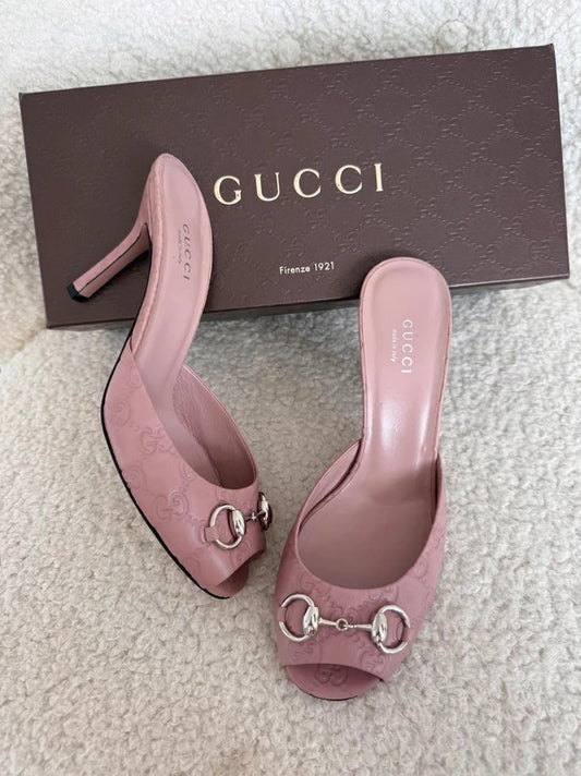 gucci pink guccissima horsebit leather mule heels