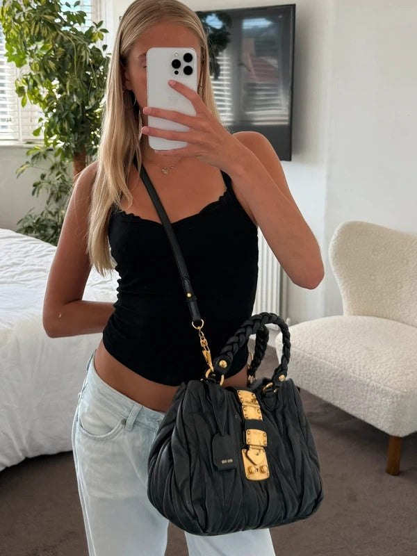 miu miu black matelassé leather coffer bag