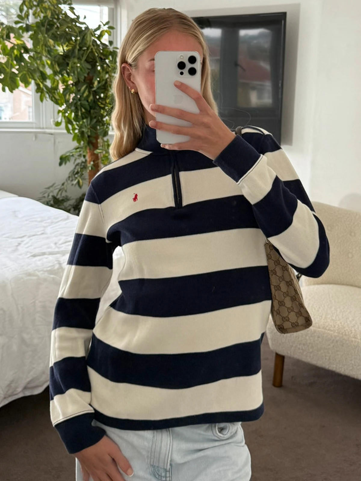 Polo Ralph Lauren Navy & Cream Striped Half Zip