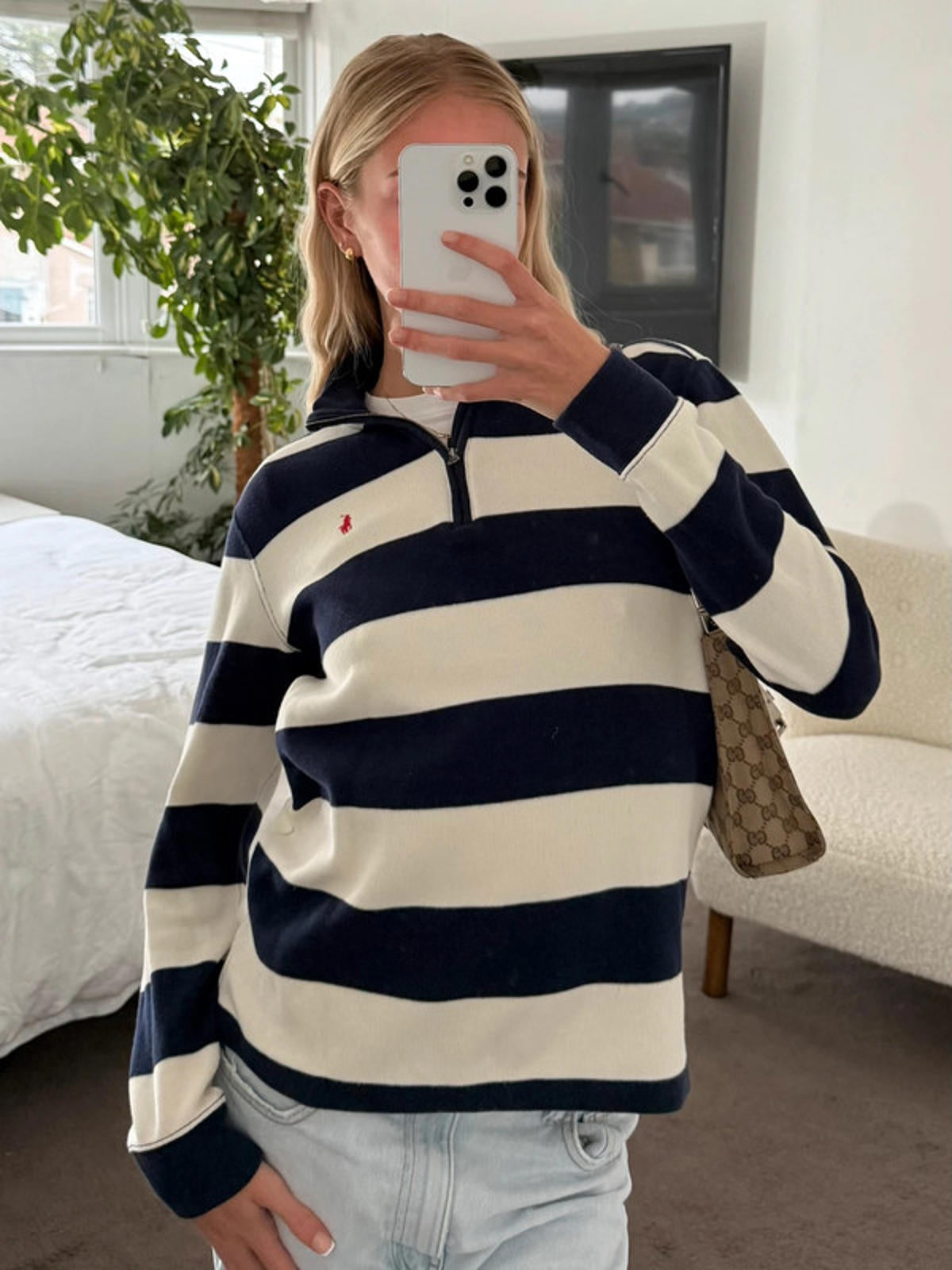 Polo Ralph Lauren Navy & Cream Striped Half Zip