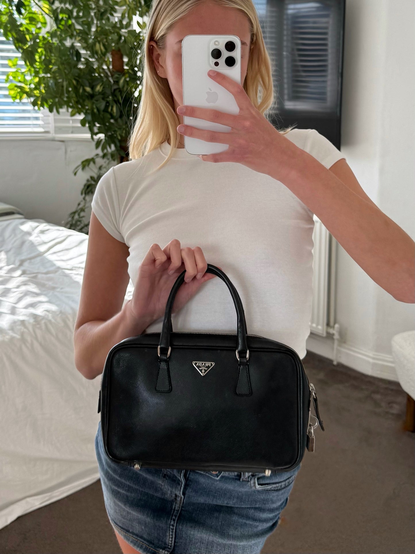 Prada Saffiano Lux Petite Bowler Black