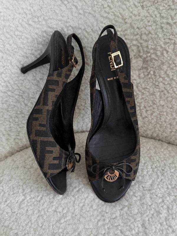 Fendi Zucca Canvas Logo Plaque Peep Toe Slingback Heels