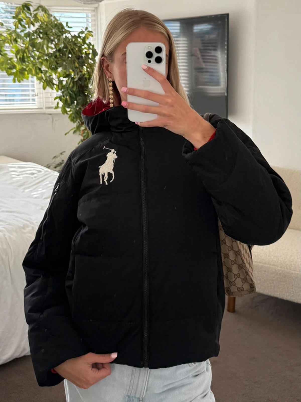 Black Ralph Lauren Puffer Jacket with White Big Pony Logo
