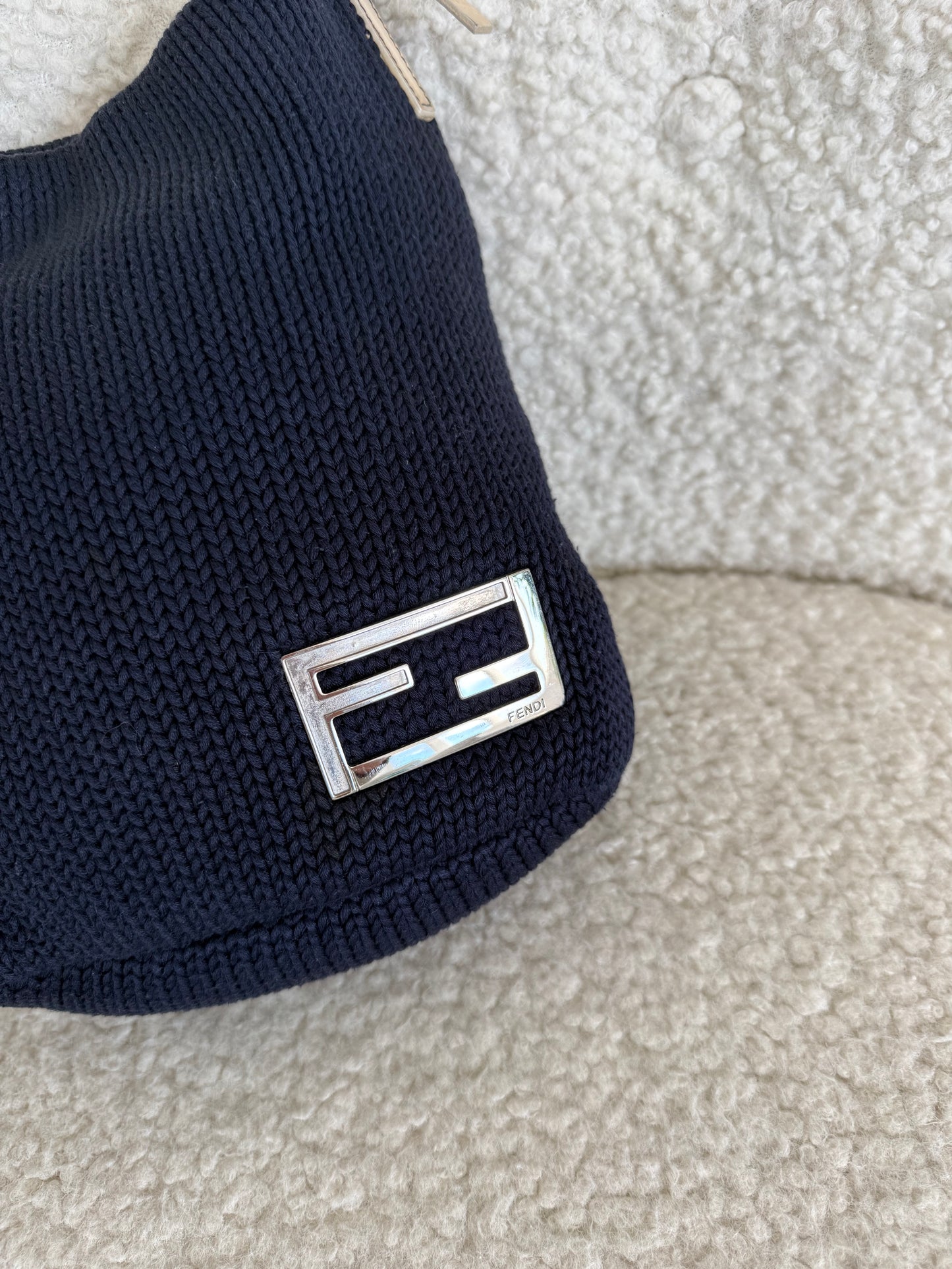 Fendi Zucca Logo Knit Shoulder Bag Navy