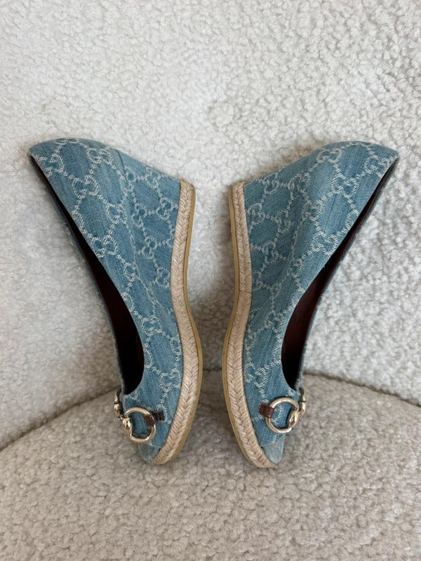 gucci charlotte denim horsebit wedge espadrilles