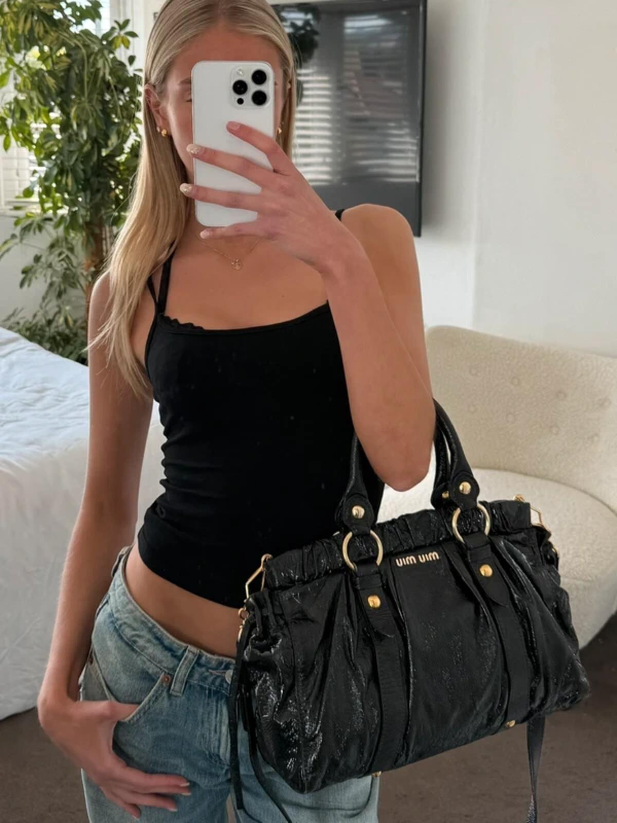 Miu Miu Black Vitello Lux Glazed Leather Ruched Bow Bag