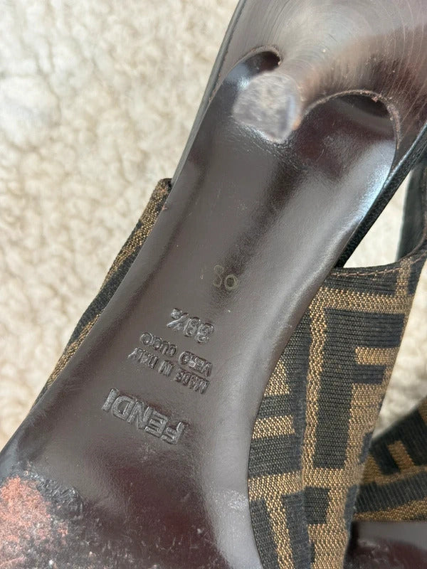 Fendi Zucca Canvas Logo Plaque Peep Toe Slingback Heels