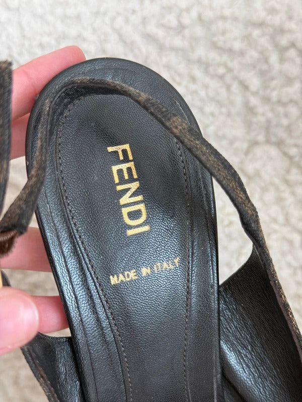 Fendi Zucca Canvas Logo Plaque Peep Toe Slingback Heels