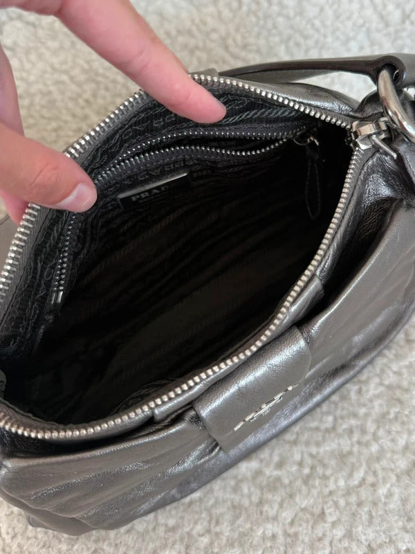 prada metallic grey leather bow shoulder bag