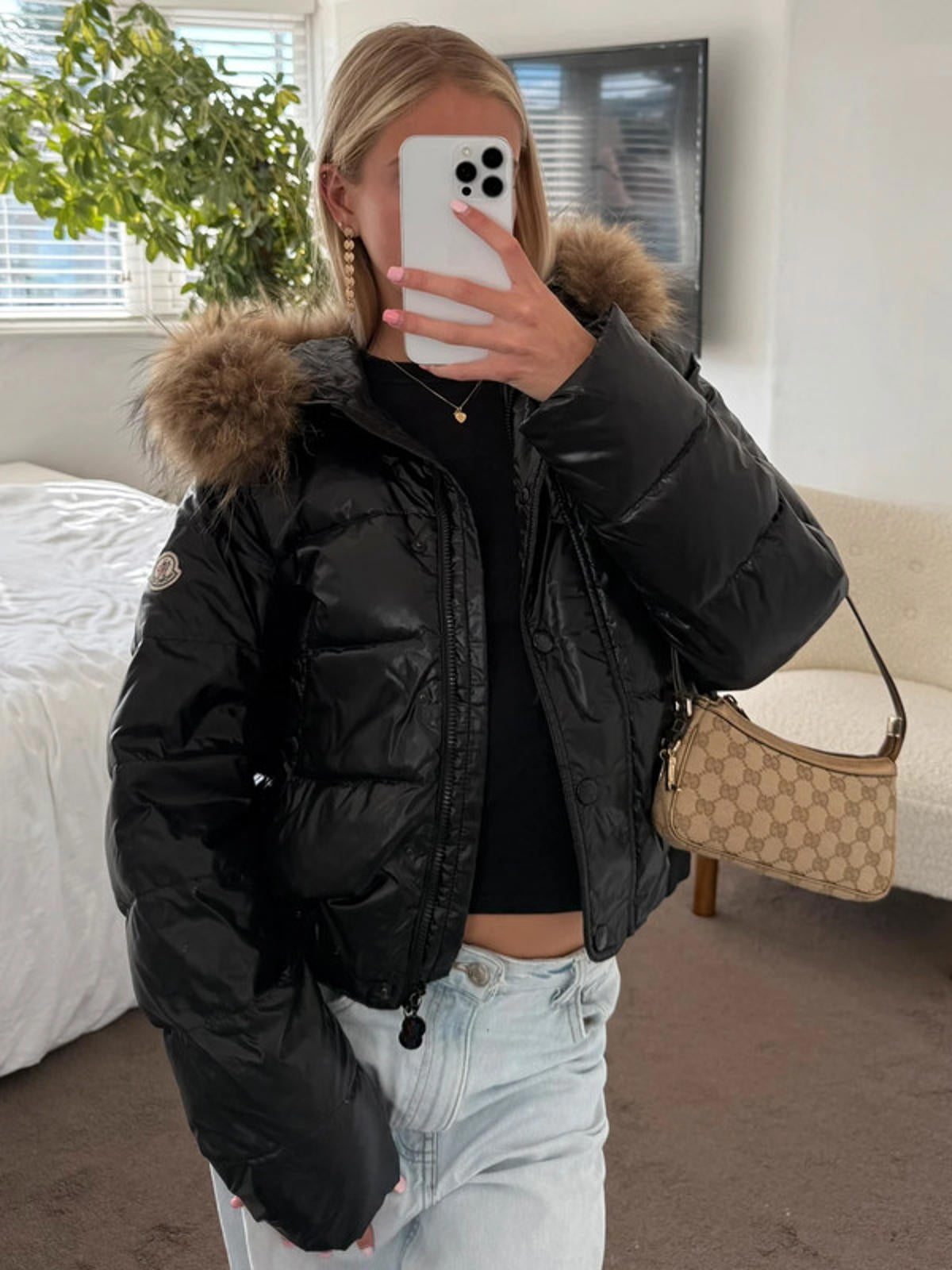 Moncler Maya Shiny Black Fur Hood Puffer Jacket