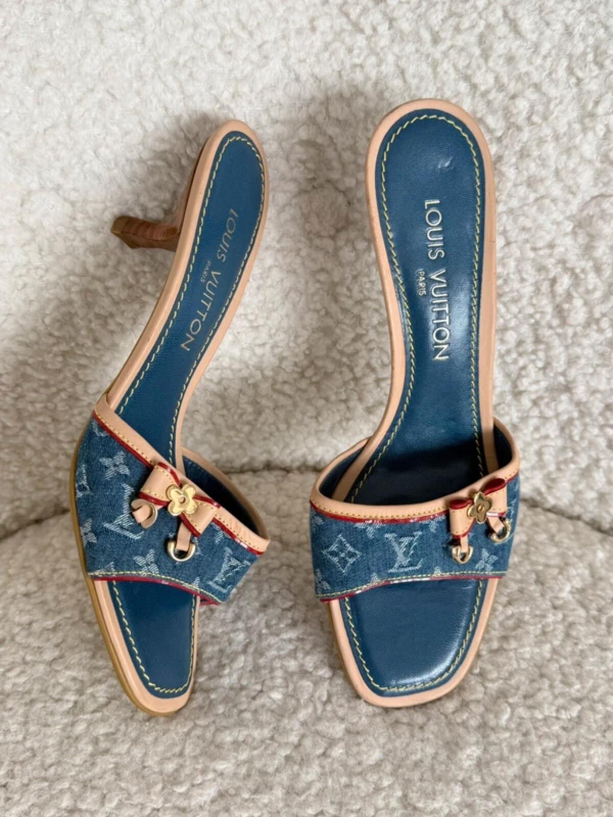 Louis Vuitton Denim Monogram Kitten Heel Mules