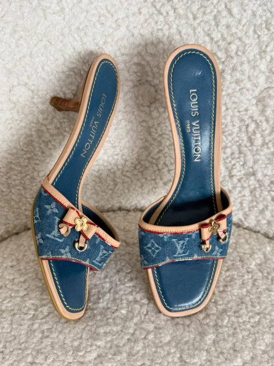 Louis Vuitton Denim Monogram Kitten Heel Mules