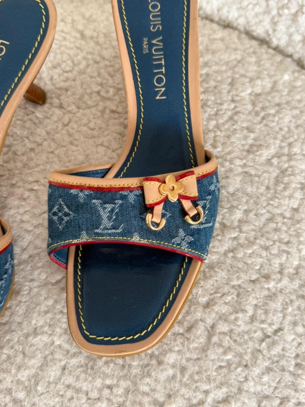 Louis Vuitton Denim Monogram Kitten Heel Mules