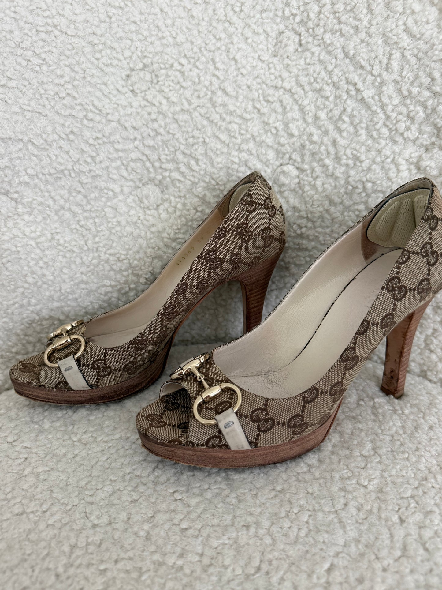 Gucci GG Canvas Horsebit Block Heel Pumps - size 6