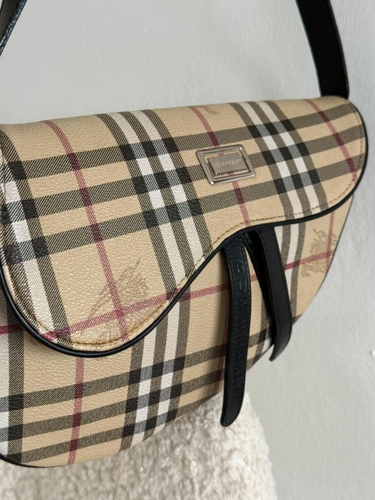 Burberry Nova Check Saddle Bag Black Leather Trim