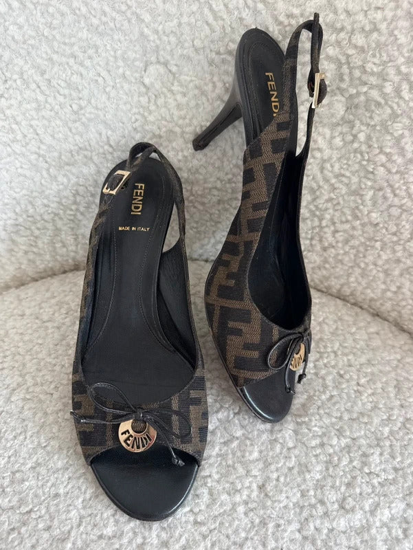 Fendi Zucca Canvas Logo Plaque Peep Toe Slingback Heels